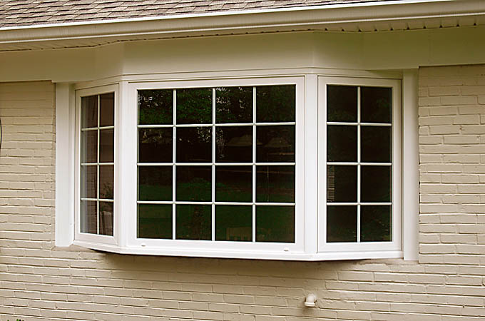 A white bay window with grid-patterned glass is set in a light-colored brick wall, reflecting the lush greenery outside. Above, the roof's edge hints at recent roof repair in New Castle County.