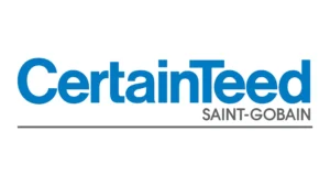Logo of CertainTeed Saint-Gobain featuring the company name in bold blue letters, often seen trusted by roof repair professionals in New Castle County, DE. A thin gray line runs beneath it.
