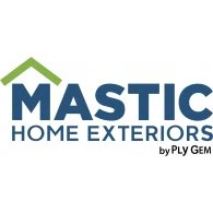 Logo for Mastic Home Exteriors by Ply Gem, featuring the company name in bold blue letters. A green roof-like shape is above the letter "M", symbolizing its trusted reputation as a top roofer in New Castle County, DE.