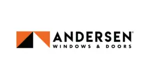 Logo of Andersen Windows & Doors, a trusted name for roofers in New Castle County, DE. It features an orange triangle next to a black triangle on the left, with "ANDERSEN" in bold black letters and "WINDOWS & DOORS" in smaller text underneath.