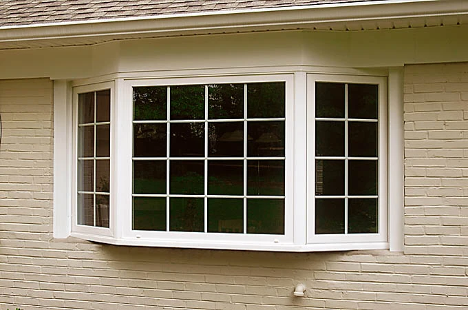 A white bay window with grid-patterned glass is set in a light-colored brick wall, reflecting the lush greenery outside. Above, the roof's edge hints at recent roof repair in New Castle County.